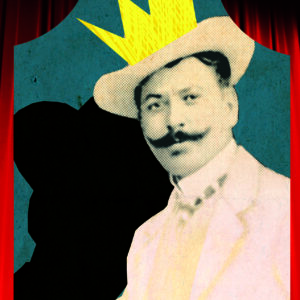 plakat za promociju fenomena dečje opere na kojem je fotografija čoveka sa brkovima, sa nacrtanom zlatnom krunom iznad šešira