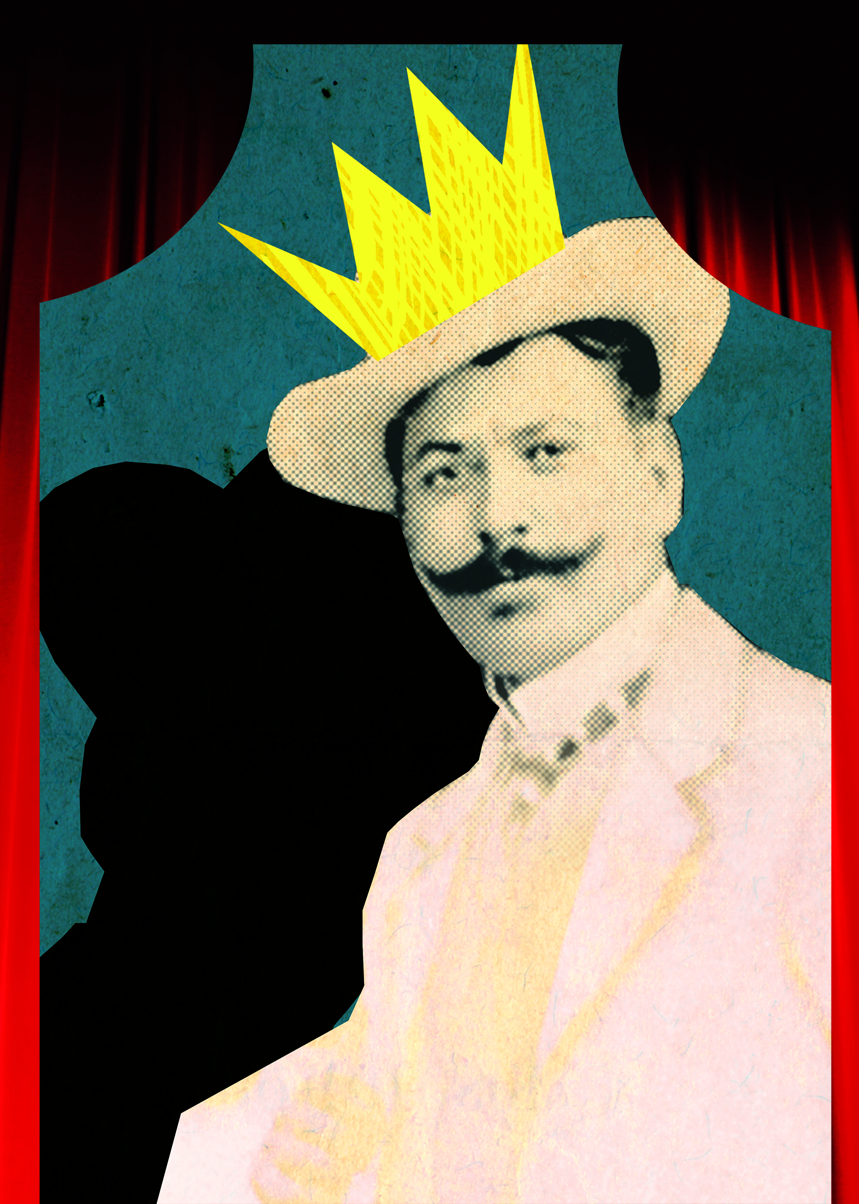 plakat za promociju fenomena dečje opere na kojem je fotografija čoveka sa brkovima, sa nacrtanom zlatnom krunom iznad šešira