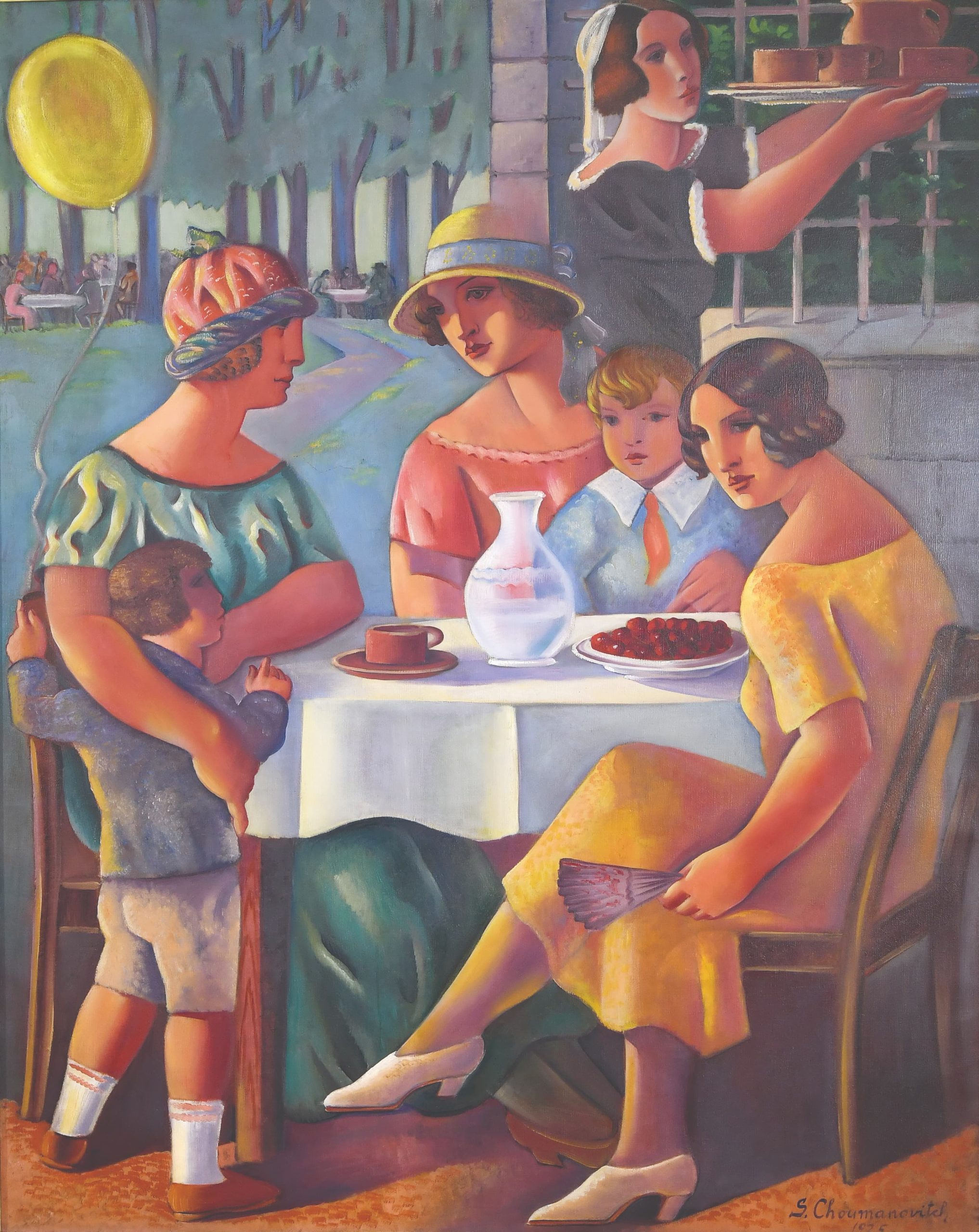 Slika Save Šumanovića na kojoj su žene i deca koji sede za stolom na terasi restorana